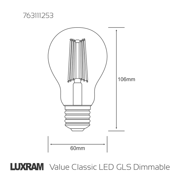 1410112 Single E27 GLS LED Dimmable 6.5W Warm White 3000K