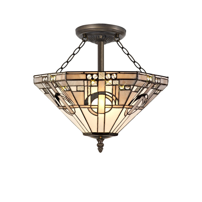 Nelson Lighting NLK00279 Azure 3 Light Semi Ceiling With Tiffany Shade 40cm Shade White/Grey/Black/Clear Crystal/Aged Antique Brass