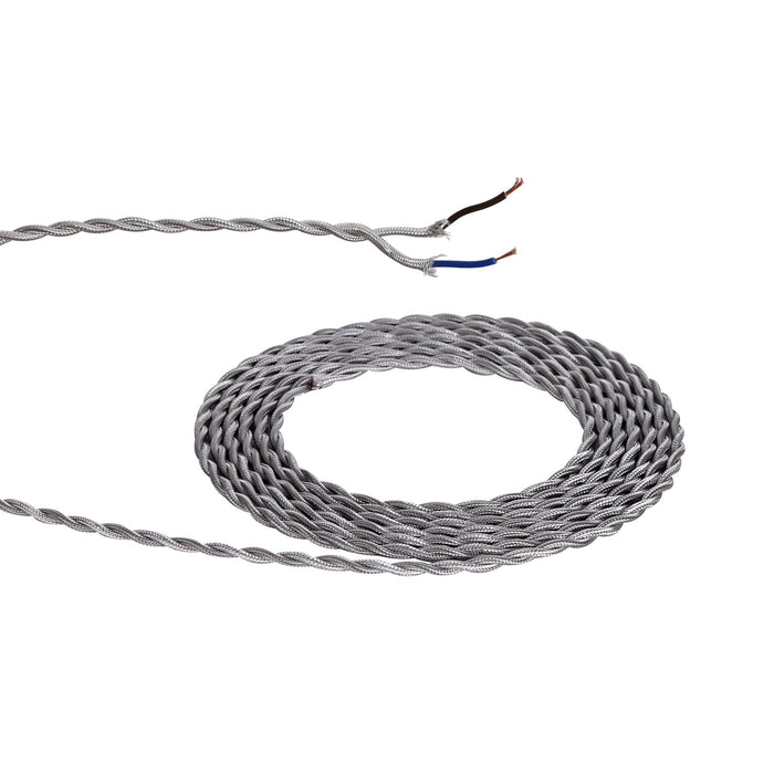 Nelson Lighting NL80939 Apollo 25m Roll Silver Braided Twisted 2 Core 0.75mm Cable VDE Approved