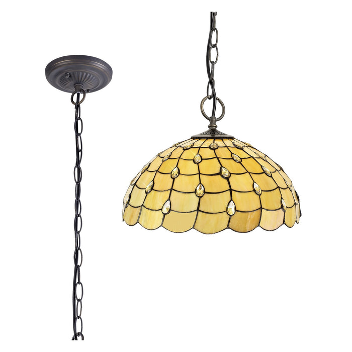 Nelson Lighting NLK00589 Chrisy 3 Light Down Lighter Pendant With 50cm Tiffany Shade Beige/Clear Crystal/Aged Antique Brass