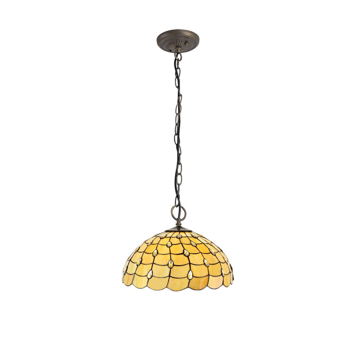 Nelson Lighting NLK00589 Chrisy 3 Light Down Lighter Pendant With 50cm Tiffany Shade Beige/Clear Crystal/Aged Antique Brass
