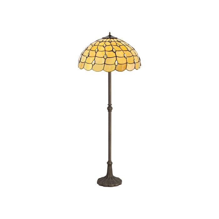 Nelson Lighting NLK00619 Chrisy 2 Light Leaf Design Floor Lamp With 50cm Tiffany Shade Beige/Clear Crystal/Aged Antique Brass