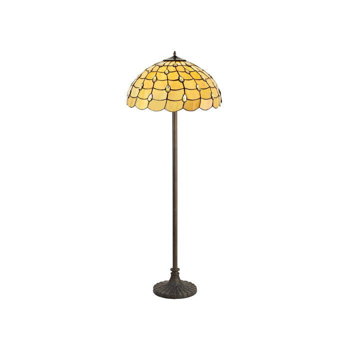 Nelson Lighting NLK00629 Chrisy 2 Light Stepped Design Floor Lamp With 50cm Tiffany Shade Beige/Clear Crystal/Aged Antique Brass