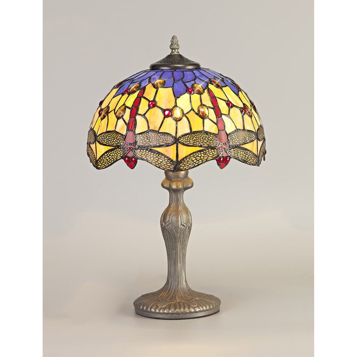 Nelson Lighting NLK00659 Heidi 1 Light Curved Table Lamp With 30cm Tiffany Shade Blue/Orange/Crystal/Aged Antique Brass