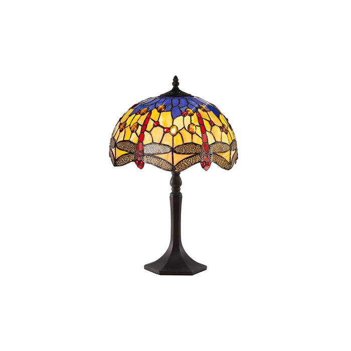 Nelson Lighting NLK00669 Heidi 1 Light Octagonal Table Lamp With 30cm Tiffany Shade Blue/Orange/Crystal/Aged Antique Brass