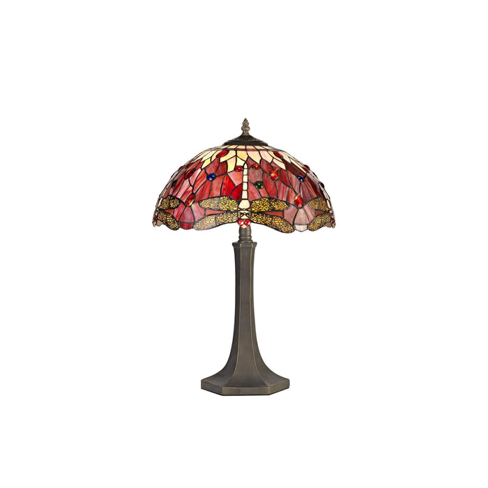 Nelson Lighting NLK00989 Heidi 2 Light Octagonal Table Lamp With 40cm Tiffany Shade Purple/Pink/Crystal/Aged Antique Brass