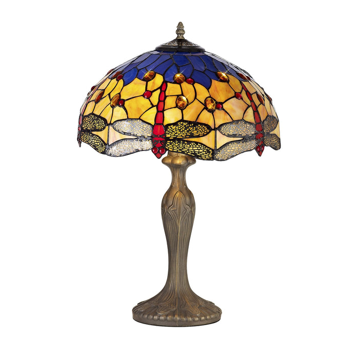 Nelson Lighting NLK04859 Heidi 2 Light Curved Table Lamp With 40cm Tiffany Shade Blue/Orange/Crystal/Aged Antique Brass