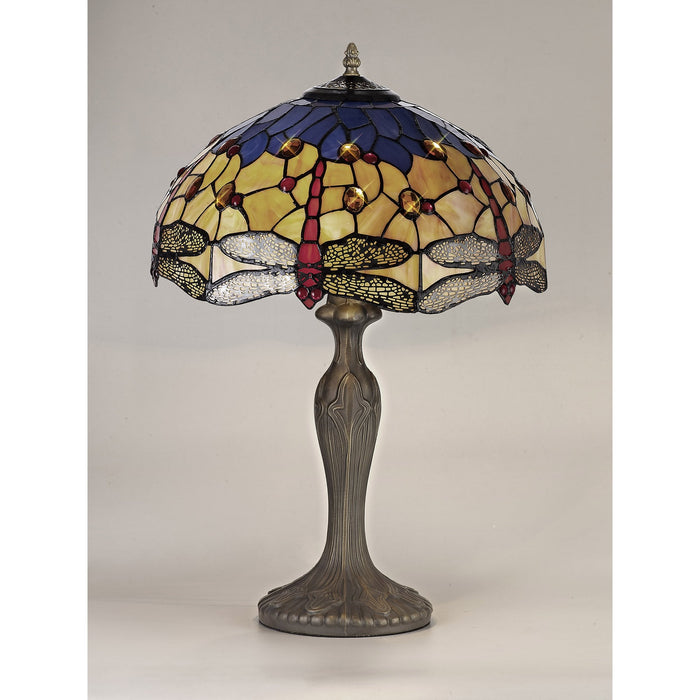 Nelson Lighting NLK04859 Heidi 2 Light Curved Table Lamp With 40cm Tiffany Shade Blue/Orange/Crystal/Aged Antique Brass