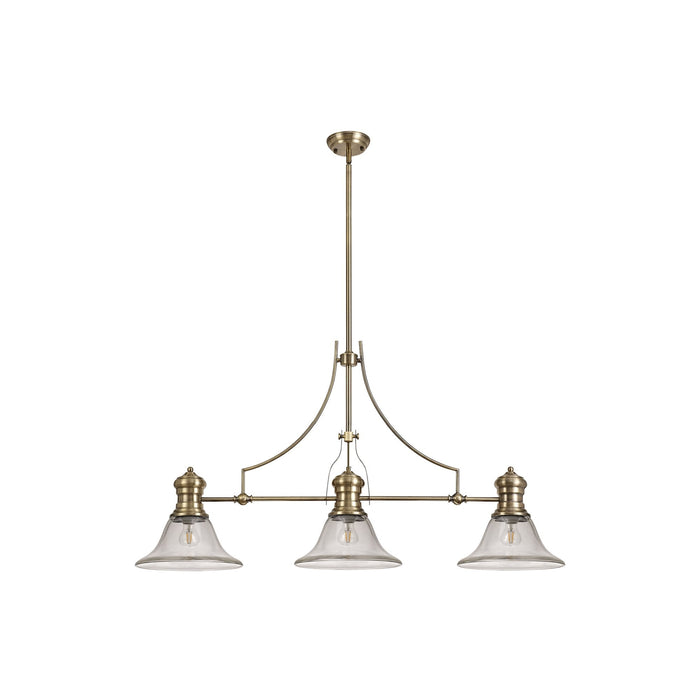 Nelson Lighting NLK03609 Louis 3 Light Telescopic Pendant With 30cm Smooth Bell Glass Shade Antique Brass/Clear