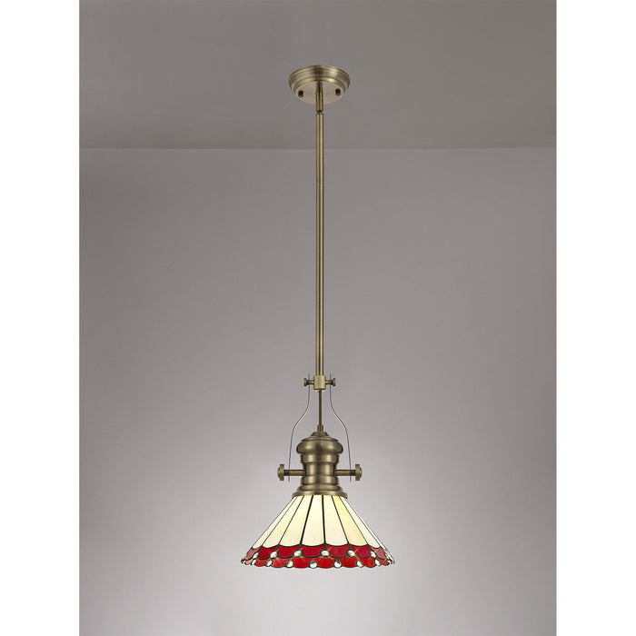 Nelson Lighting NLK04529 Louis/Umbrian 1 Light Telescopic Pendant With 30cm Tiffany Shade Antique Brass/Red/Chrome/Crystal