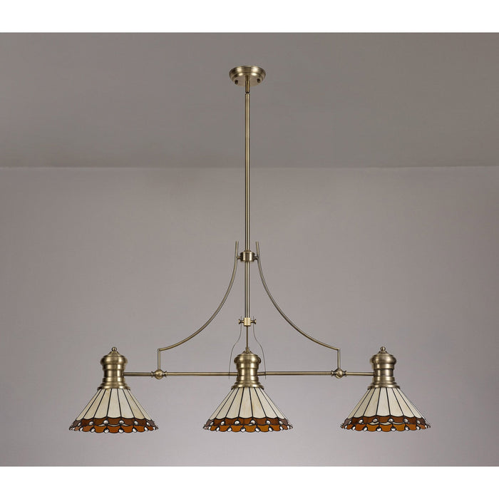 Nelson Lighting NLK04719 Louis/Umbrian 3 Light Telescopic Pendant With 30cm Tiffany Shade Antique Brass/Amber/CRome/Crystal