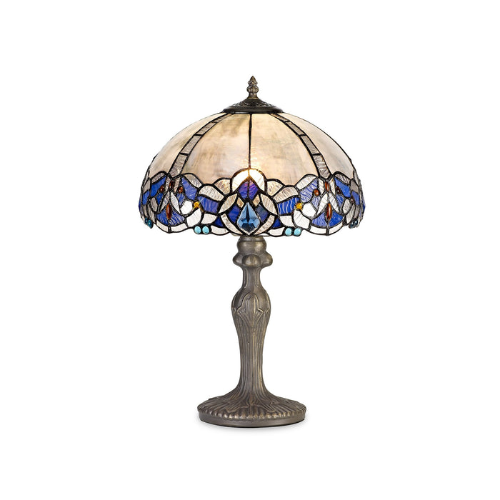 Nelson Lighting NLK01449 Ossie 1 Light Curved Table Lamp With 30cm Tiffany Shade Blue/Clear Crystal/Aged Antique Brass