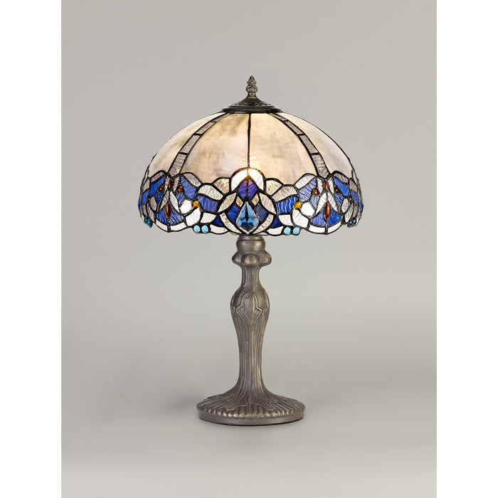 Nelson Lighting NLK01449 Ossie 1 Light Curved Table Lamp With 30cm Tiffany Shade Blue/Clear Crystal/Aged Antique Brass