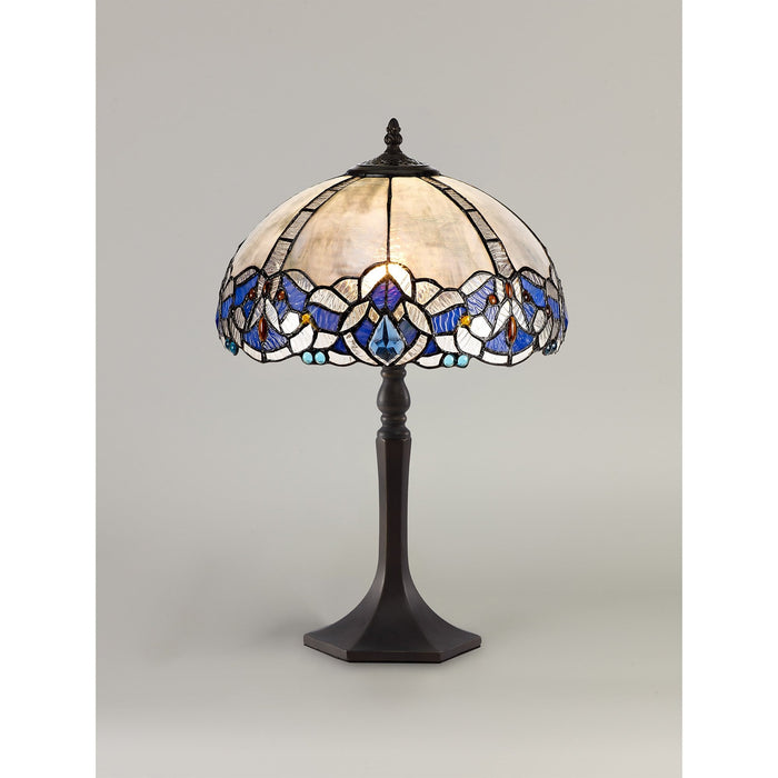 Nelson Lighting NLK01459 Ossie 1 Light Octagonal Table Lamp With 30cm Tiffany Shade Blue/Clear Crystal/Aged Antique Brass