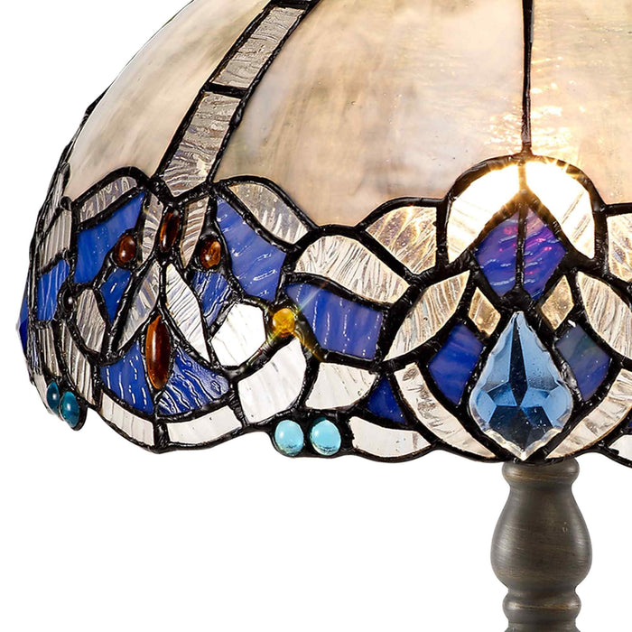Nelson Lighting NLK01459 Ossie 1 Light Octagonal Table Lamp With 30cm Tiffany Shade Blue/Clear Crystal/Aged Antique Brass