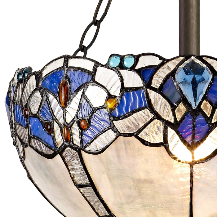 Nelson Lighting NLK01509 Ossie 3 Light Semi Ceiling With 30cm Tiffany Shade Blue/Clear Crystal/Aged Antique Brass