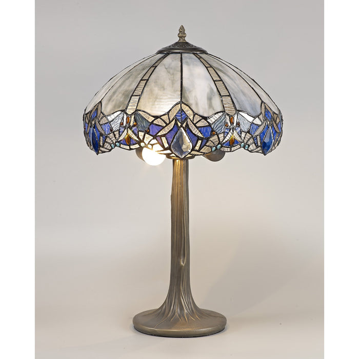 Nelson Lighting NLK01539 Ossie 2 Light Tree Like Table Lamp With 40cm Tiffany Shade Blue/Clear Crystal/Aged Antique Brass