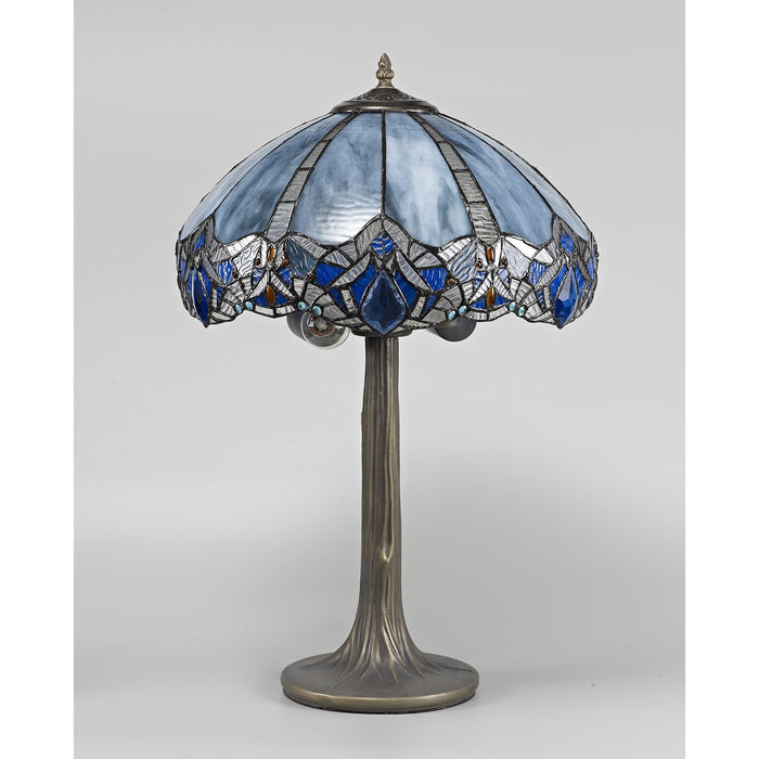 Nelson Lighting NLK01539 Ossie 2 Light Tree Like Table Lamp With 40cm Tiffany Shade Blue/Clear Crystal/Aged Antique Brass