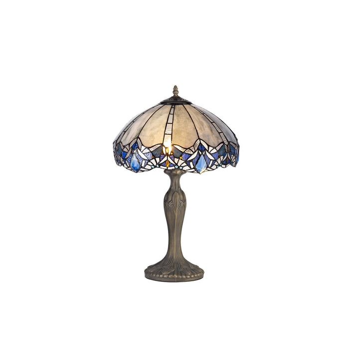 Nelson Lighting NLK01549 Ossie 2 Light Curved Table Lamp With 40cm Tiffany Shade Blue/Clear Crystal/Aged Antique Brass