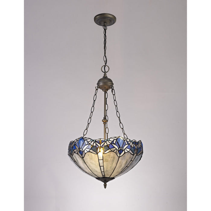 Nelson Lighting NLK01609 Ossie 2 Light Up Lighter Pendant With 40cm Tiffany Shade Blue/Clear Crystal/Aged Antique Brass