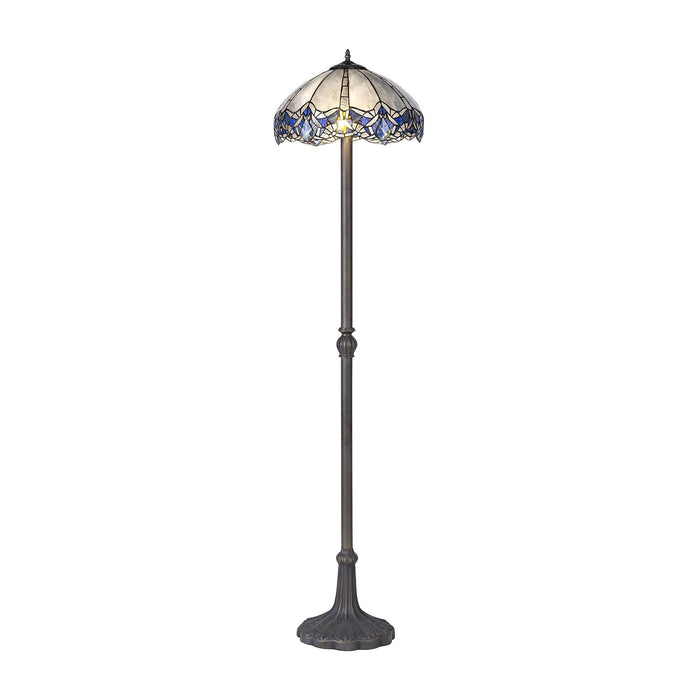 Nelson Lighting NLK01639 Ossie 2 Light Leaf Design Floor Lamp With 40cm Tiffany Shade Blue/Clear Crystal/Aged Antique Brass