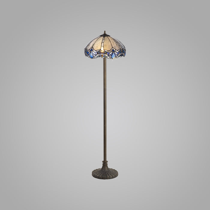 Nelson Lighting NLK01649 Ossie 2 Light Stepped Design Floor Lamp With 40cm Tiffany Shade Blue/Clear Crystal/Aged Antique Brass