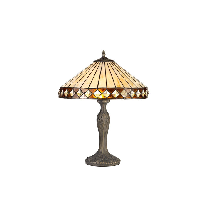 Nelson Lighting NLK02289 Tink 2 Light Curved Table Lamp With 40cm Tiffany Shade Amber/Chrome/Crystal/Aged Antique Brass