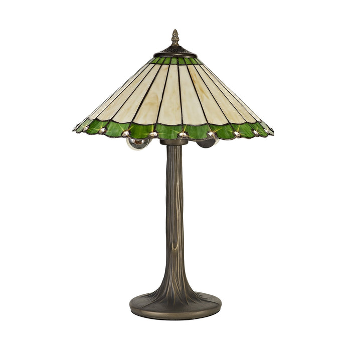 Nelson Lighting NLK02499 Umbrian 2 Light Tree Like Table Lamp With 40cm Tiffany Shade Green/Chrome/Crystal/Aged Antique Brass