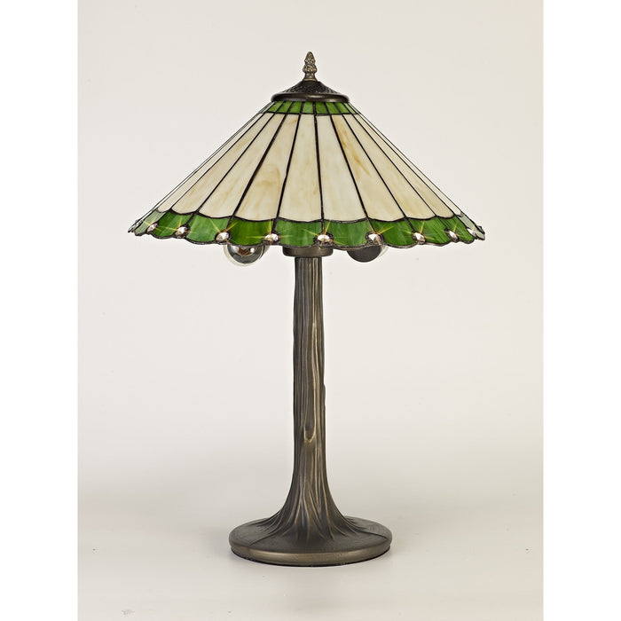Nelson Lighting NLK02499 Umbrian 2 Light Tree Like Table Lamp With 40cm Tiffany Shade Green/Chrome/Crystal/Aged Antique Brass