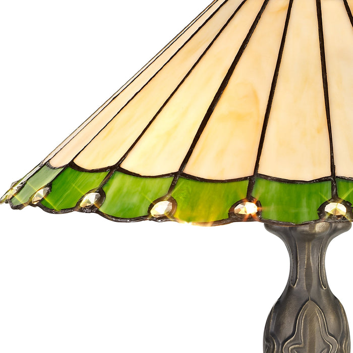 Nelson Lighting NLK02509 Umbrian 2 Light Curved Table Lamp With 40cm Tiffany Shade Green/Chrome/Crystal/Aged Antique Brass