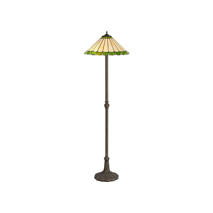 Nelson Lighting NLK02589 Umbrian 2 Light Leaf Design Floor Lamp With 40cm Tiffany Shade Green/Chrome/Crystal/Aged Antique Brass
