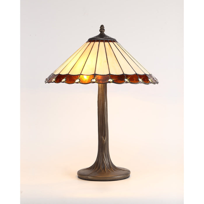 Nelson Lighting NLK02729 Umbrian 2 Light Curved Table Lamp With 40cm Tiffany Shade Amber/Chrome/Crystal/Aged Antique Brass