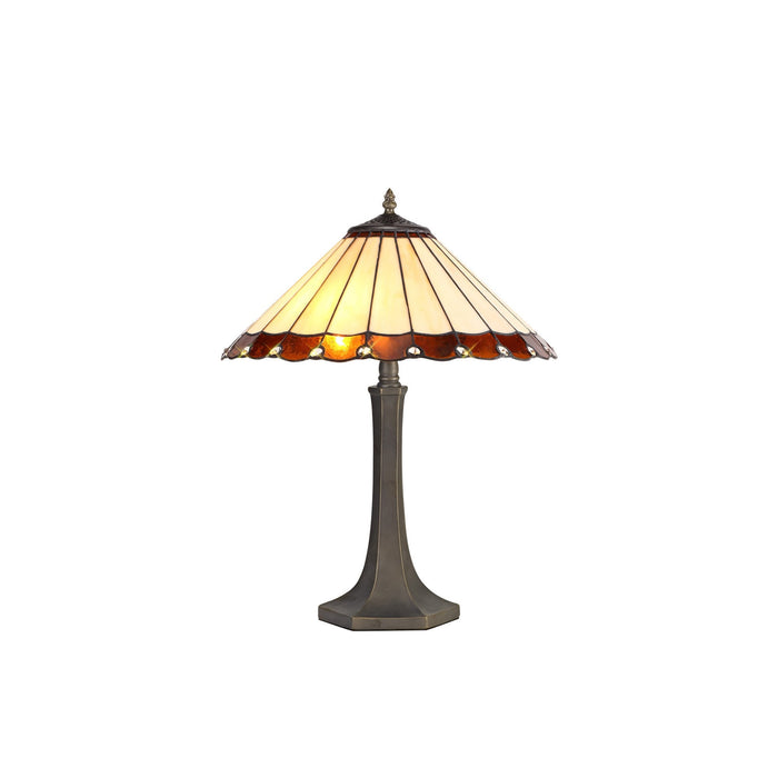 Nelson Lighting NLK02739 Umbrian 2 Light Octagonal Table Lamp With 40cm Tiffany Shade Amber/Chrome/Crystal/Aged Antique Brass