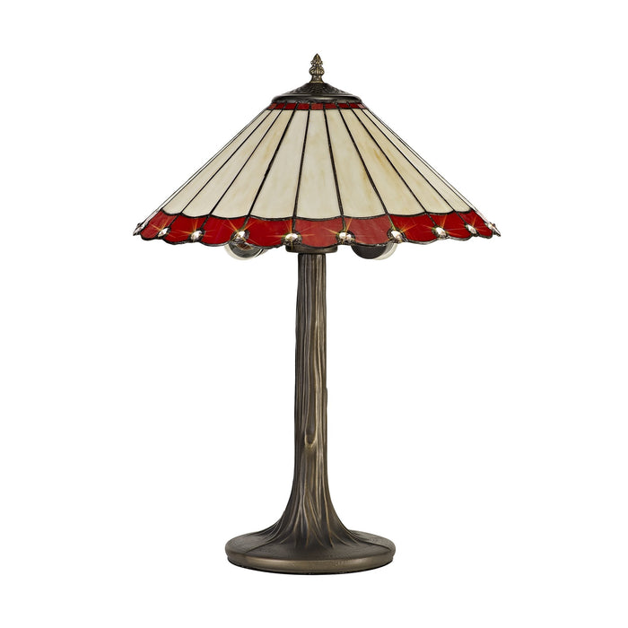 Nelson Lighting NLK02939 Umbrian 2 Light Tree Like Table Lamp With 40cm Tiffany Shade Red/Chrome/Crystal/Aged Antique Brass