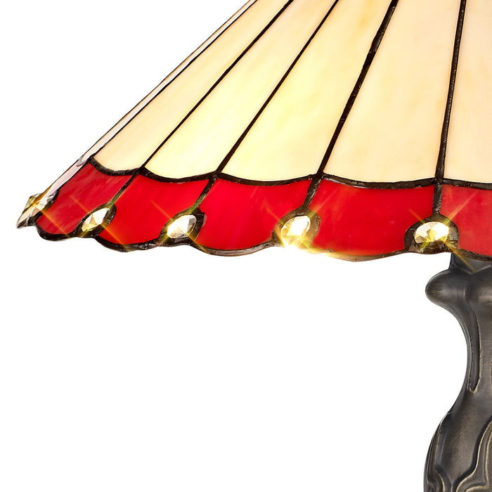Nelson Lighting NLK02949 Umbrian 2 Light Curved Table Lamp With 40cm Tiffany Shade Red/Chrome/Crystal/Aged Antique Brass