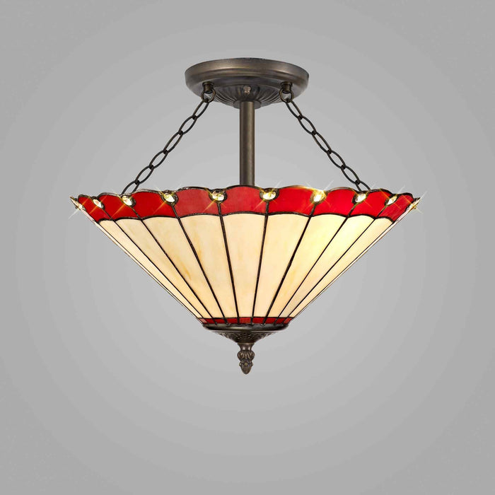 Nelson Lighting NLK02999 Umbrian 3 Light Semi Ceiling With 40cm Tiffany Shade Red/Chrome/Crystal/Aged Antique Brass