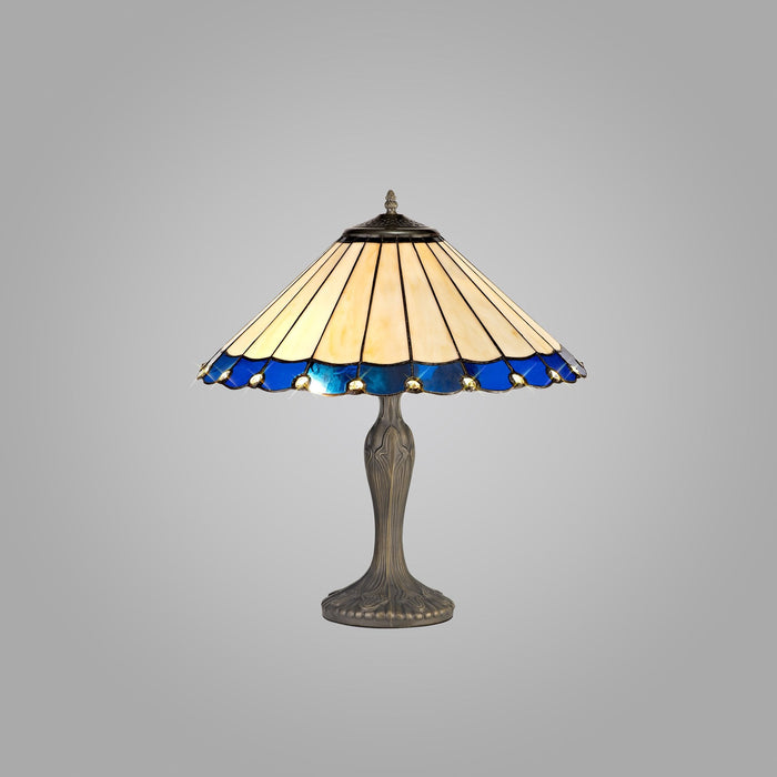 Nelson Lighting NLK03169 Umbrian 2 Light Curved Table Lamp With 40cm Tiffany Shade Blue/Chrome/Crystal/Aged Antique Brass