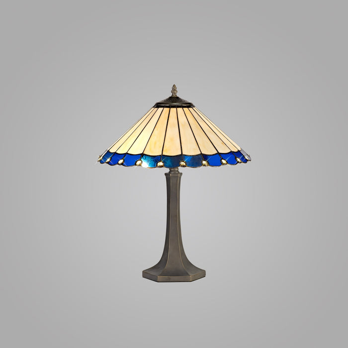 Nelson Lighting NLK03179 Umbrian 2 Light Octagonal Table Lamp With 40cm Tiffany Shade Blue/Chrome/Crystal/Aged Antique Brass