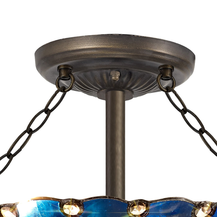 Nelson Lighting NLK03219 Umbrian 3 Light Semi Ceiling With 40cm Tiffany Shade Blue/Chrome/Crystal/Aged Antique Brass