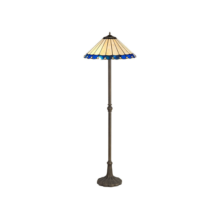 Nelson Lighting NLK03249 Umbrian 2 Light Leaf Design Floor Lamp With 40cm Tiffany Shade Blue/Chrome/Crystal/Aged Antique Brass