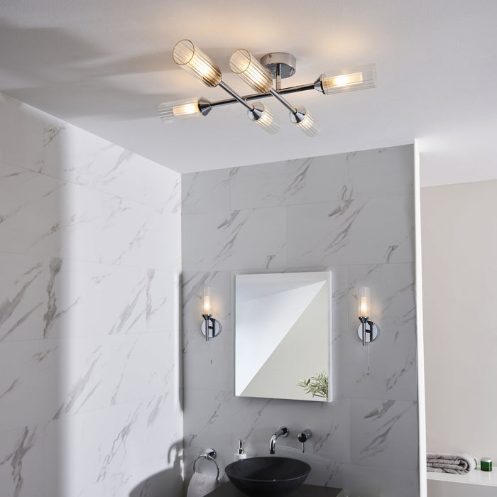 Nelson Lighting NL945045 Bathroom 6 Light Semi Flush Ceiling Light Chrome Plate & Clear/frosted Ribbed Glass