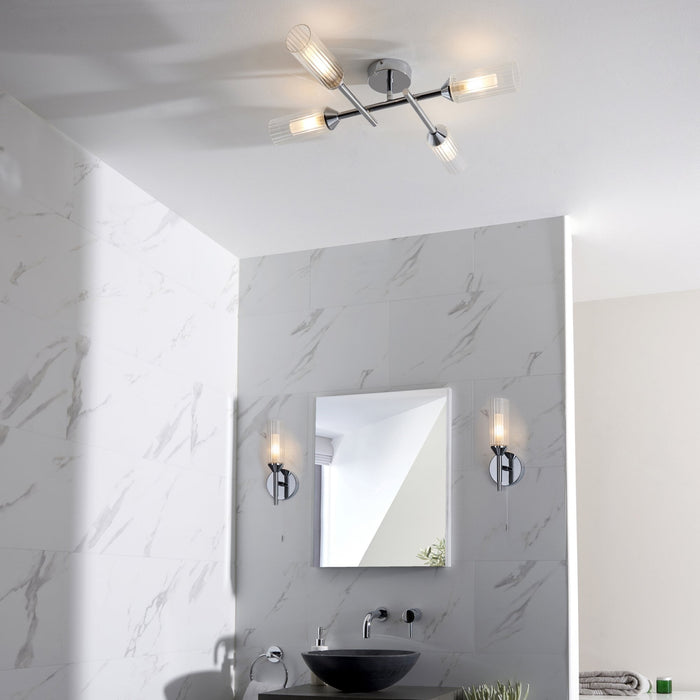 Nelson Lighting NL947170 Bathroom 4 Light Semi Flush Ceiling Light Chrome Plate & Clear/frosted Ribbed Glass