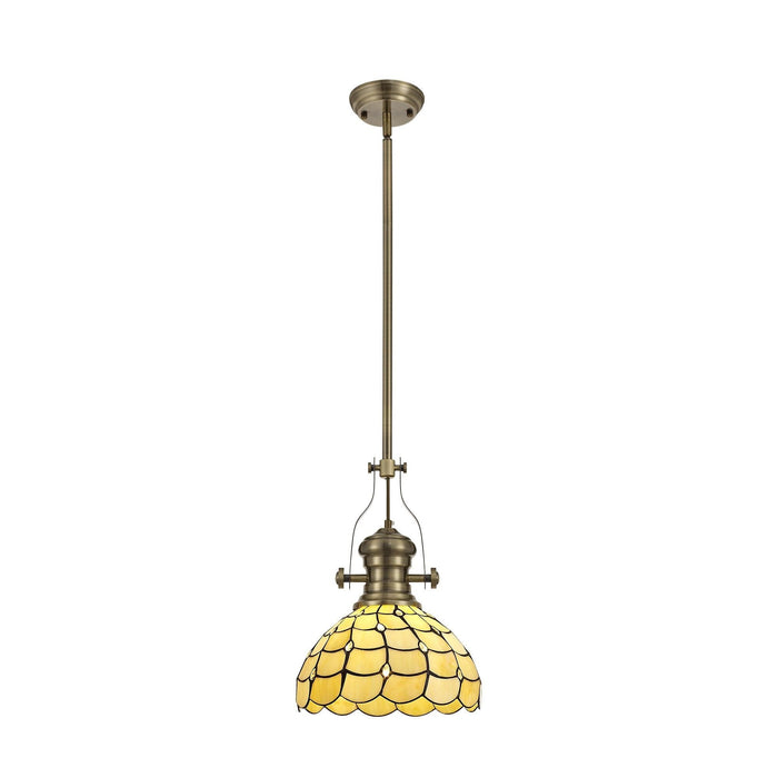 Nelson Lighting NLK04599 Louis/Chrisy 1 Light Telescopic Pendant With 30cm Tiffany Shade Antique Brass/Beige/Clear Crystal