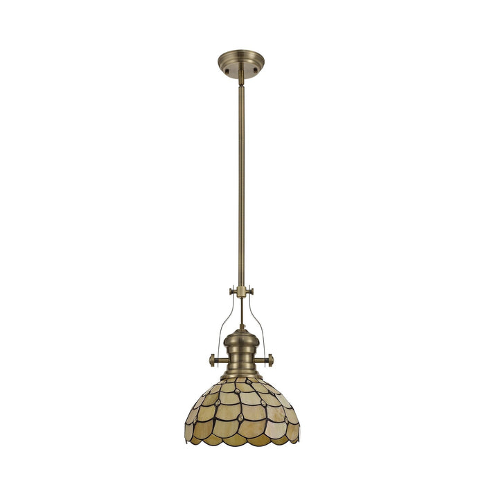 Nelson Lighting NLK04599 Louis/Chrisy 1 Light Telescopic Pendant With 30cm Tiffany Shade Antique Brass/Beige/Clear Crystal