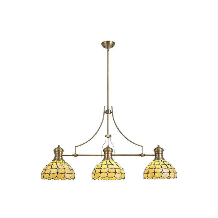 Nelson Lighting NLK04799 Louis/Chrisy 3 Light Telescopic Pendant With 30cm Tiffany Shade Antique Brass/Beige/Clear Crystal