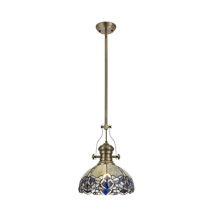 Nelson Lighting NLK04589 Louis/Ossie 1 Light Telescopic Pendant With 30cm Tiffany Shade Antique Brass/Blue/Clear Crystal