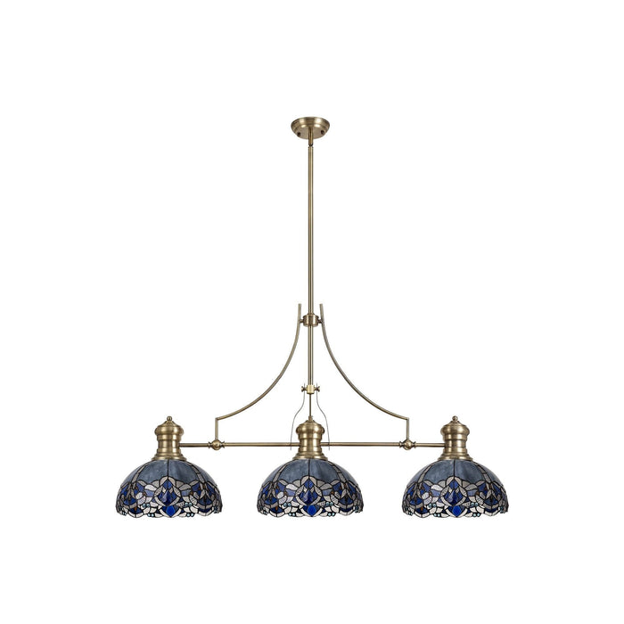 Nelson Lighting NLK04789 Louis/Ossie 3 Light Telescopic Pendant With 30cm Tiffany Shade Antique Brass/Blue/Clear Crystal