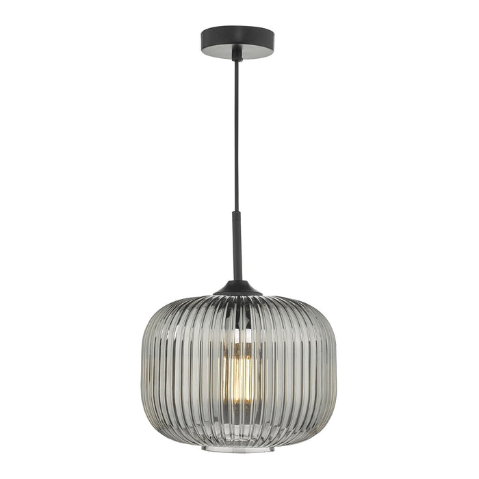 Dar DEM0110 Demarius 1 Light Pendant Black and Smoked Glass