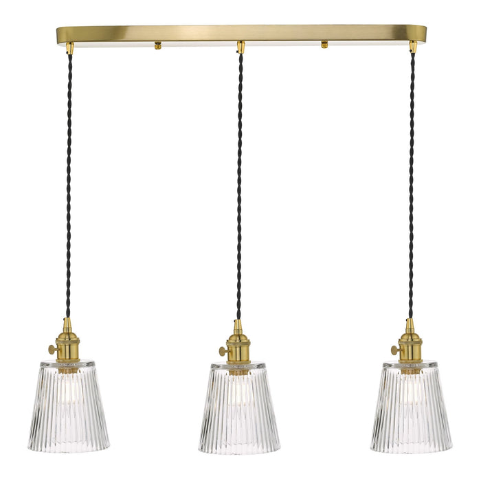 Dar Wisebuys HAD3640-05 Hadano 3 Light Suspension Natural Brass With Ribbed Glass Shades