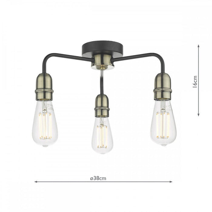 Dar Wisebuys KIE5322 Kiefer 3 Light Flush Black And Antique Brass